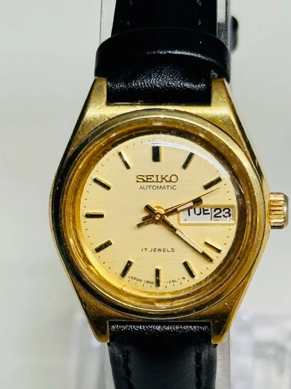 Vintage Seiko Automatic Women’s Watch Gold Tone Gold Dial Day Date 24mm Runs